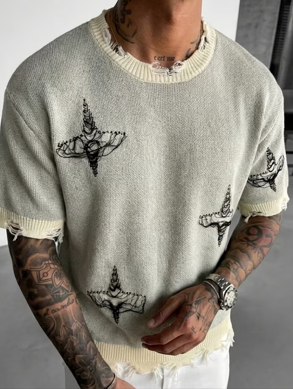 Men's Distressed Light Gray Knit Sweater with Black Graphic
